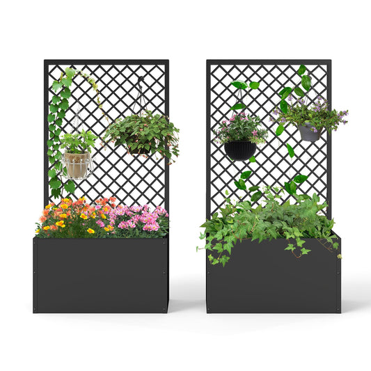 kinbor Planter with Trellis - Set of 2 Planter Boxes Outdoor, Metal Raised Garden Bed with Lattice Trellis for Climbing Plants, Black Flower Boxes Outdoor