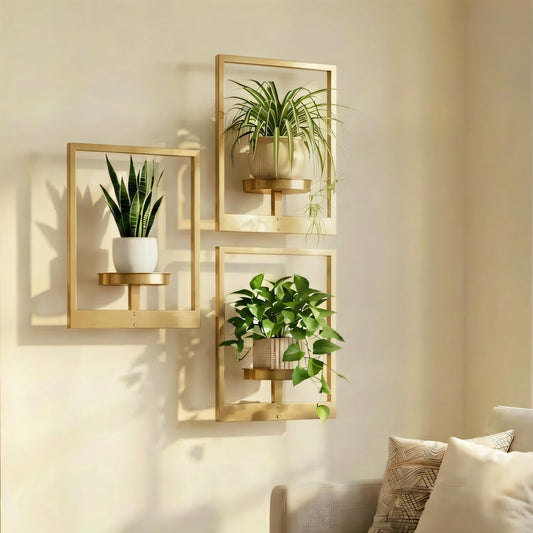 bbteroiu Picture Frame Wall Planters Set of 3, Modern Metal Hanging Shelves for Plants, Rustproof Wall Mount Flower Pot Holder for Indoor Outdoor, Decorative Plant Stand for Living Room Patio, Gold