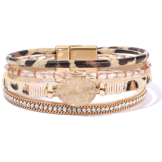 Becklynn Boho Leather Wrap Bracelets Beaded Crystal Stackable Cuff Bracelet with Magnetic Clasp Cowboy Cowgirl County Concert Outfits Western Jewelry Gifts for Women(Stone Leopard)