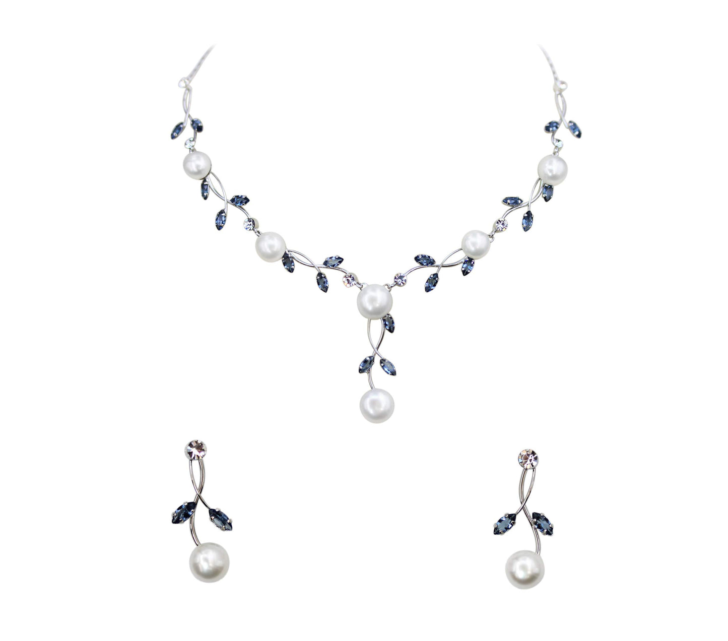 Faship Gorgeous Navy Blue CZ Crystal Genuine Freshwater Pearls Floral Necklace Earrings Set - Navy Blue