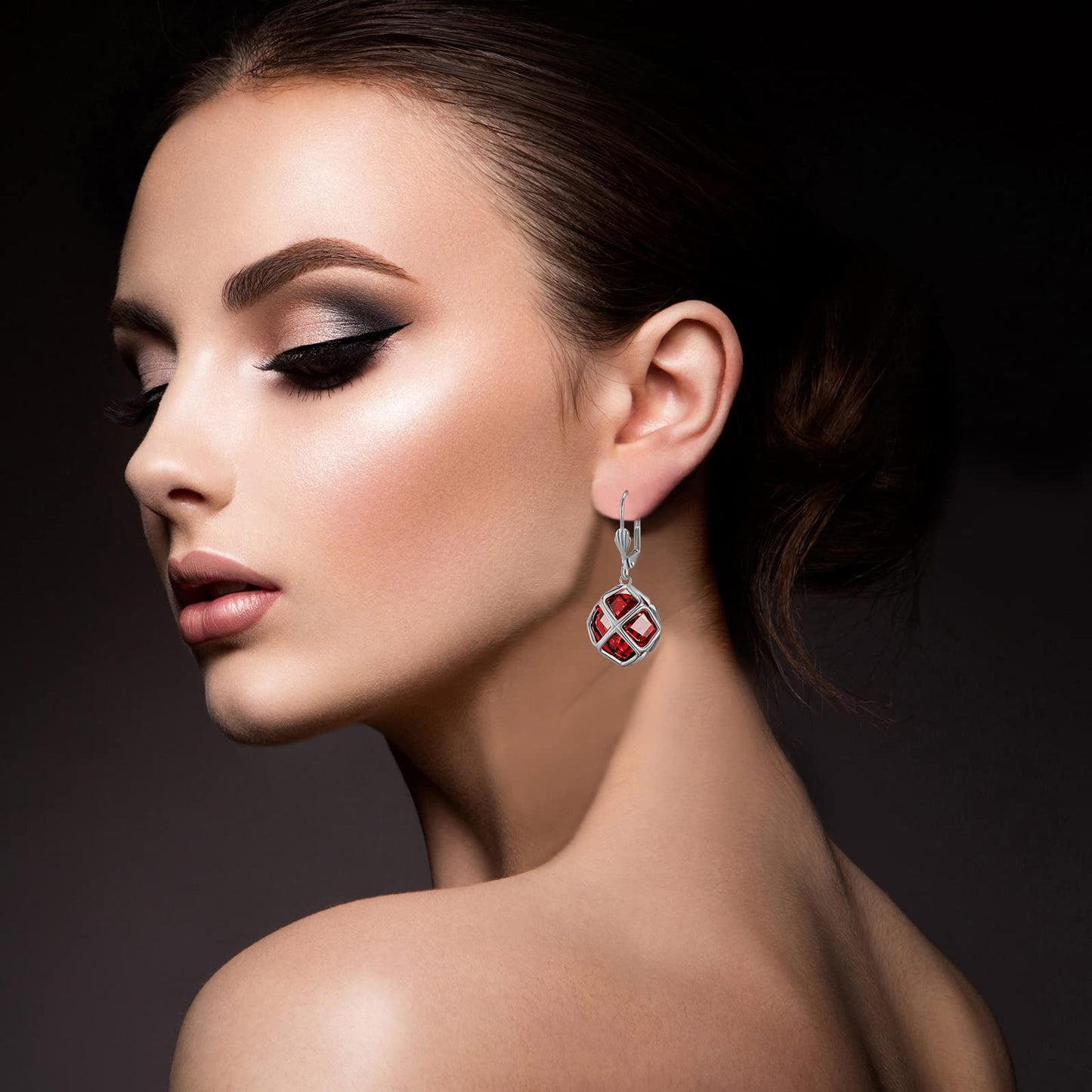 Big Dark Red Crystal Dangle Earrings for Women (Jan-Garnet-Rose Gold)