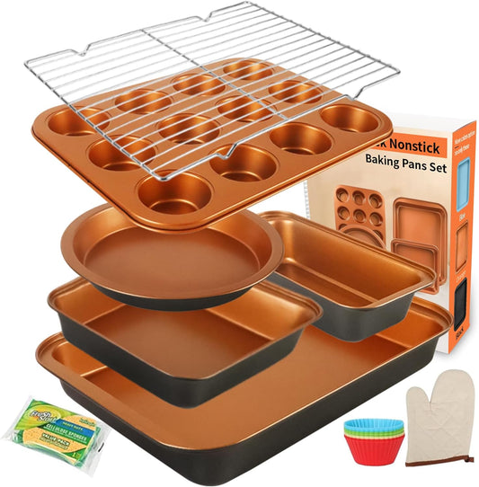 Skiennix Non-Stick Baking Pans Set - 6-Piece Bakeware with Cookie Sheet, Muffin, Cake, and Loaf Pan - Gold