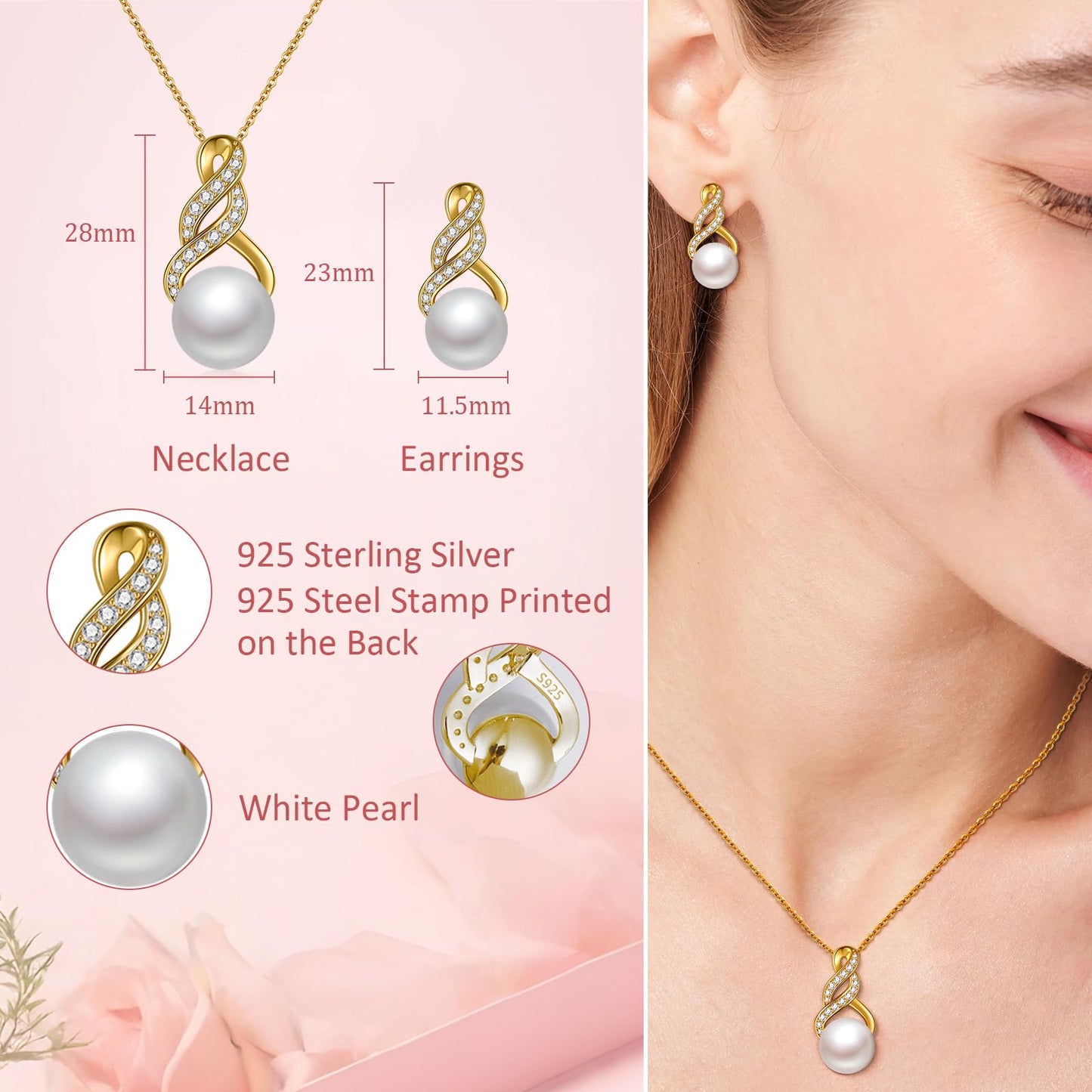 LOIPURI Pearl Necklace and Earring Set for Women - 925 Sterling Silver Pearl Jewelry Set Rhodium/Gold Plated Anniversary Birthday Gifts for Her Packaged in Preserved Rose Box