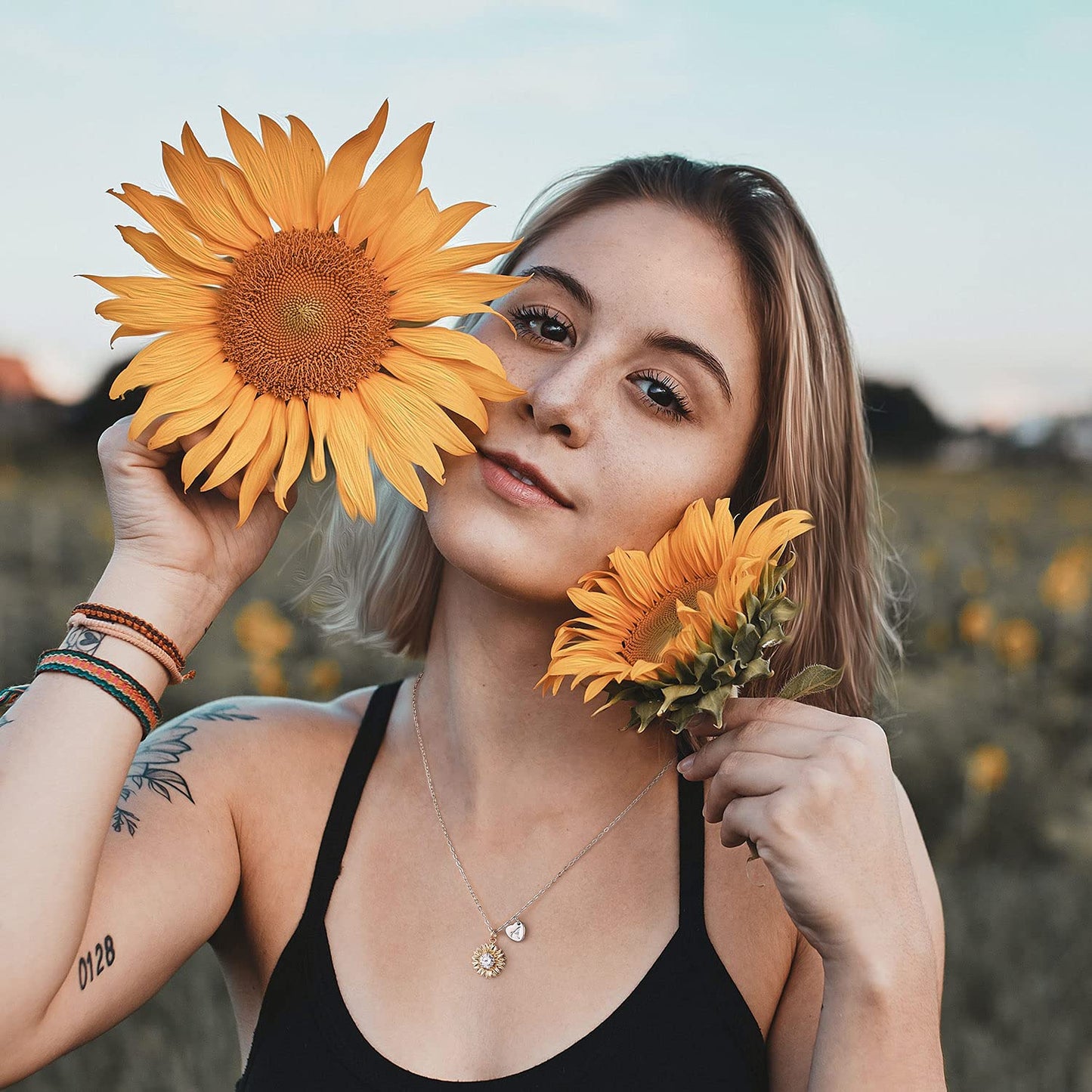 MONOZO Initial Sunflower Necklace for Women Trendy, 14k Gold Plated Sunflower Necklace Pendant CZ Heart Letter Initial Necklace You Are My Sunshine Gifts Sunflower Jewelry R