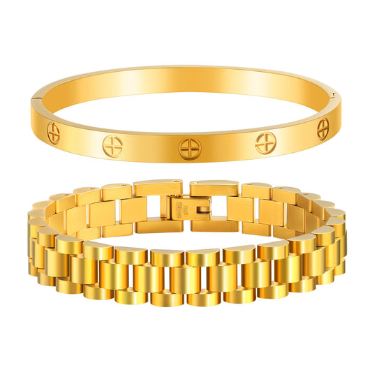 2PCS Gold Chain Link Watch Bracelet Set,18K Gold Plated Stackable Bracelets for Women,Stainless Steel Jewelry with Adjustable Tool, Non-Tarnish Friendship Love Bracelet Gift for Her. (2pcs-B Gold)