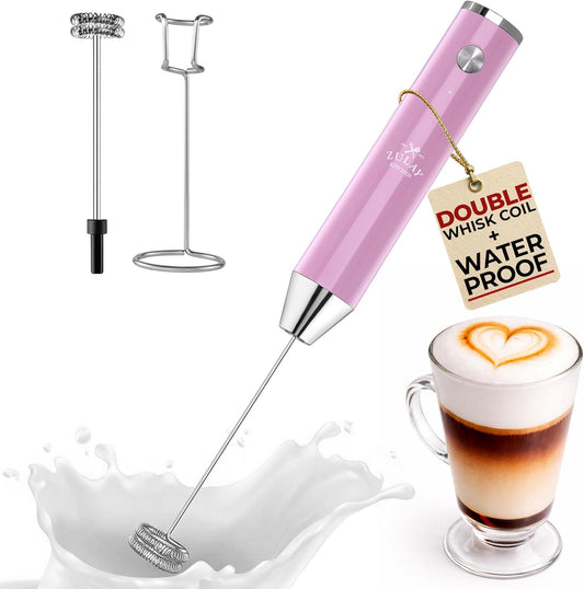 Zulay Kitchen Rechargeable Milk Frother - Powerful 2-Speed Motor, Waterproof, 2000mAh Battery | Pink Bubblegum Drink Mixer for Latte, Cappuccino & Matcha