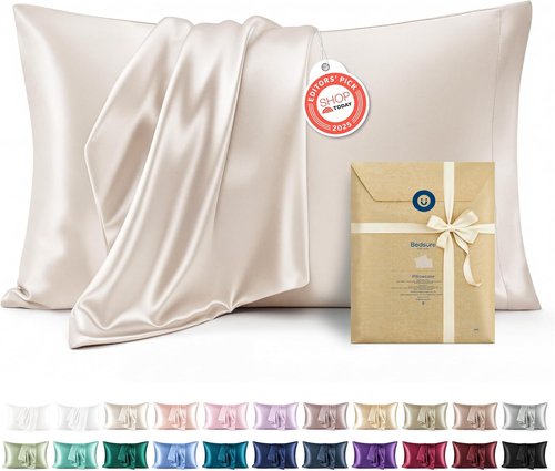 Bedsure Satin Pillowcases - Luxurious Cooling Queen Size Set of 2 | Envelope Closure, Beige 20x30 Inches