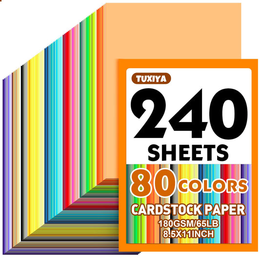 240 Sheets 8.5" X 11" Colored Cardstock, 80 Assorted Colors 180 GSM/65 LB Construction Paper Card Stock Printer Paper for Printing, Card Making, DIY Crafts, Kids School Supplies,Party Decorations
