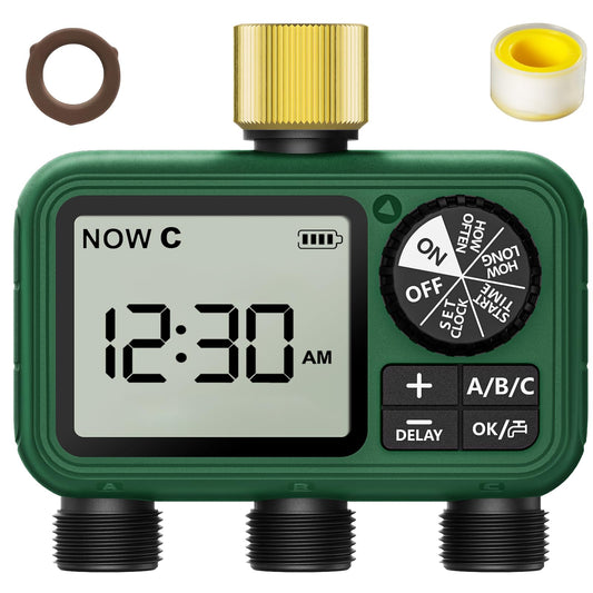 XinFuture Water Timer for Outdoor Garden Hose, Sprinkler Timer for Garden Faucet with Auto/Manual/Rain Delay Mode, Sprinkler Irrigation Controller for Yard Lawn (3 Zones Brass Inlet)