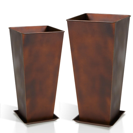 Worth Garden Large Metal Planter Set of 2 (25" & 28" H.), Matte Bronze Retro Finish Tall Square Tapered Steel Plant Pots, Decor Flower Pot Indoor & Outdoor, Drainage Hole & Dual-Purpose Plant Saucer