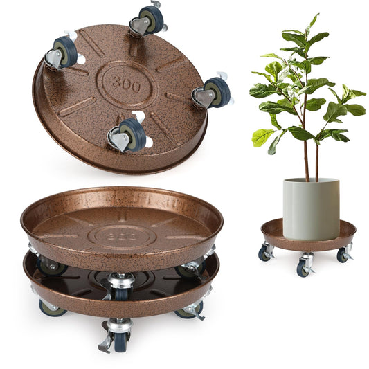 2 Pack Plant Caddy with Wheels, 12" Rolling Plant Stand 265 LBS Heavy Duty Metal Tray No Holes with Large Metal 360° Lockable Caster Wheels for Outdoor Indoor Large Plant Pots, Flower Pot, Patio