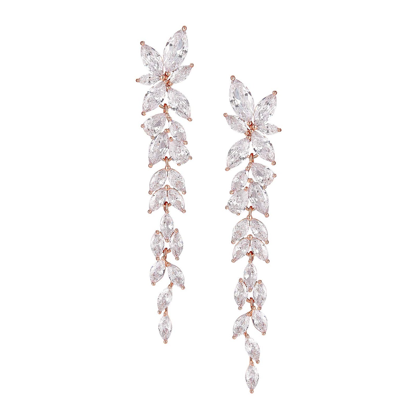 SWEETV Rose Gold Marquise Cubic Zirconia Wedding Earrings for Women Brides, Crystal Chandelier Bridal Drop Earrings for Prom Pageant
