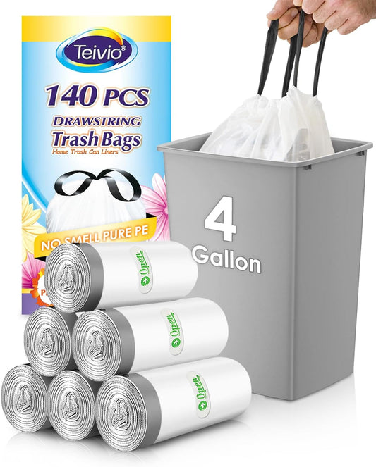 Teivio 4 Gallon Drawstring Trash Bags - 140 Count Strong Bathroom & Kitchen Bin Liners | White