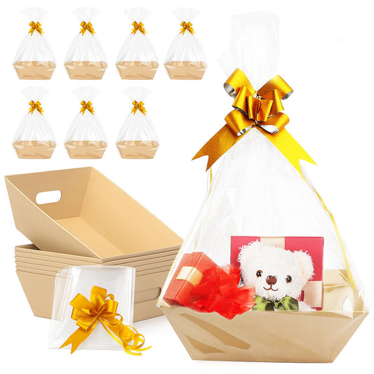 12 Pack Baskets for Gifts Empty, 10 x 7 x 3” Kraft Empty Gift Basket to Fill with 16 Cellophane Bags & 16 Pull Bows, Gift Baskets Bulk with Cellophane Wrap Set for Valentine’s Day, Christmas, Easter