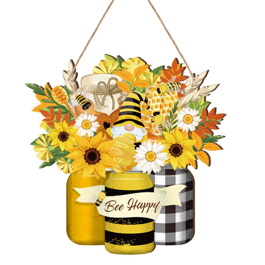 Bee Welcome Sign Wooden Yellow Bee Sign Bee Flower Gnome Wood Hanging Door Decor Farmhouse Porch Outdoor Front Door Decorations Supplies (Bee Style)