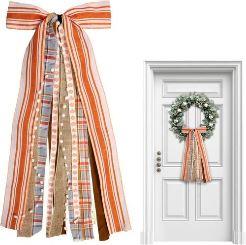 Fall Orange Stripes Wreath Bows - Pumpkin Lace Ribbon Bowknot for Thanksgiving Door Decor