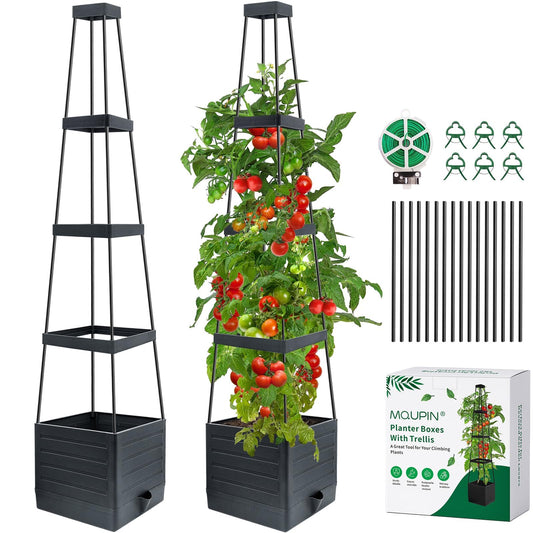 MQUPIN 2 Pack Tomato Planter with Trellis, 57" Self-Watering Raised Garden Bed Planter Box for Climbing Plants Vine Flowers Vegetables, Tomato Cage for Indoor Outdoor Patio Greenhouse