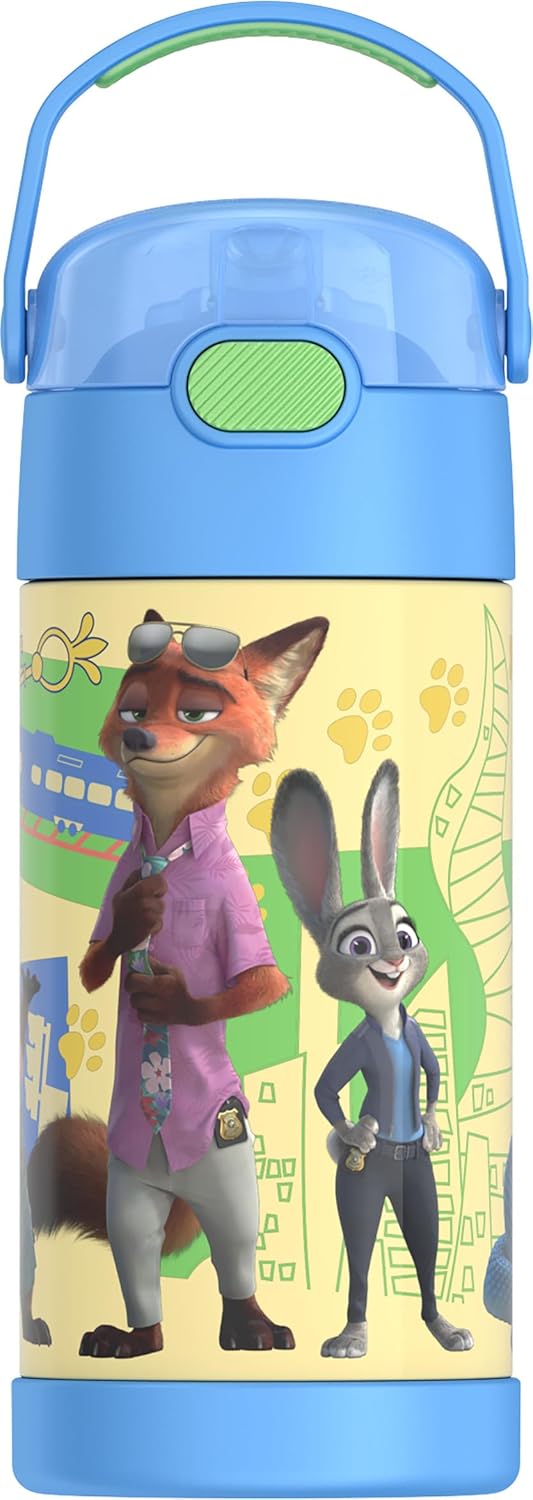 THERMOS FUNTAINER Water Bottle - 12 Ounce Kids Stainless Steel Vacuum Insulated with Straw | Zootopia Design