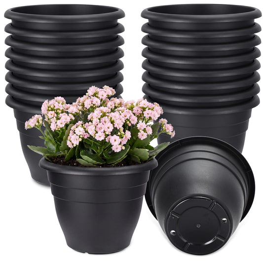 Romooa 20 Pack 10 Inch Plant Pots Bulk with Drainage Holes Heavy Duty Black Plastic Garden Planters Mordern Flower Pots for Indoor Outdoor Garden Patio Balcony