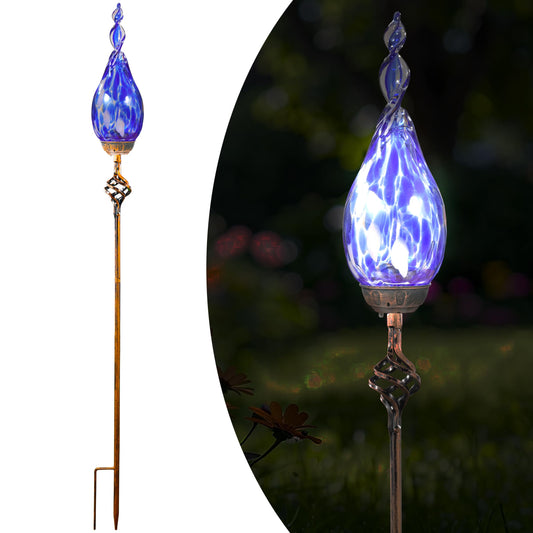 Naboher Solar Garden Lights Outdoor, Decorative LED Flame Garden Stakes, Hand Blown Glass and Outdoor Waterproof Glass Stakes (Dark Blue)