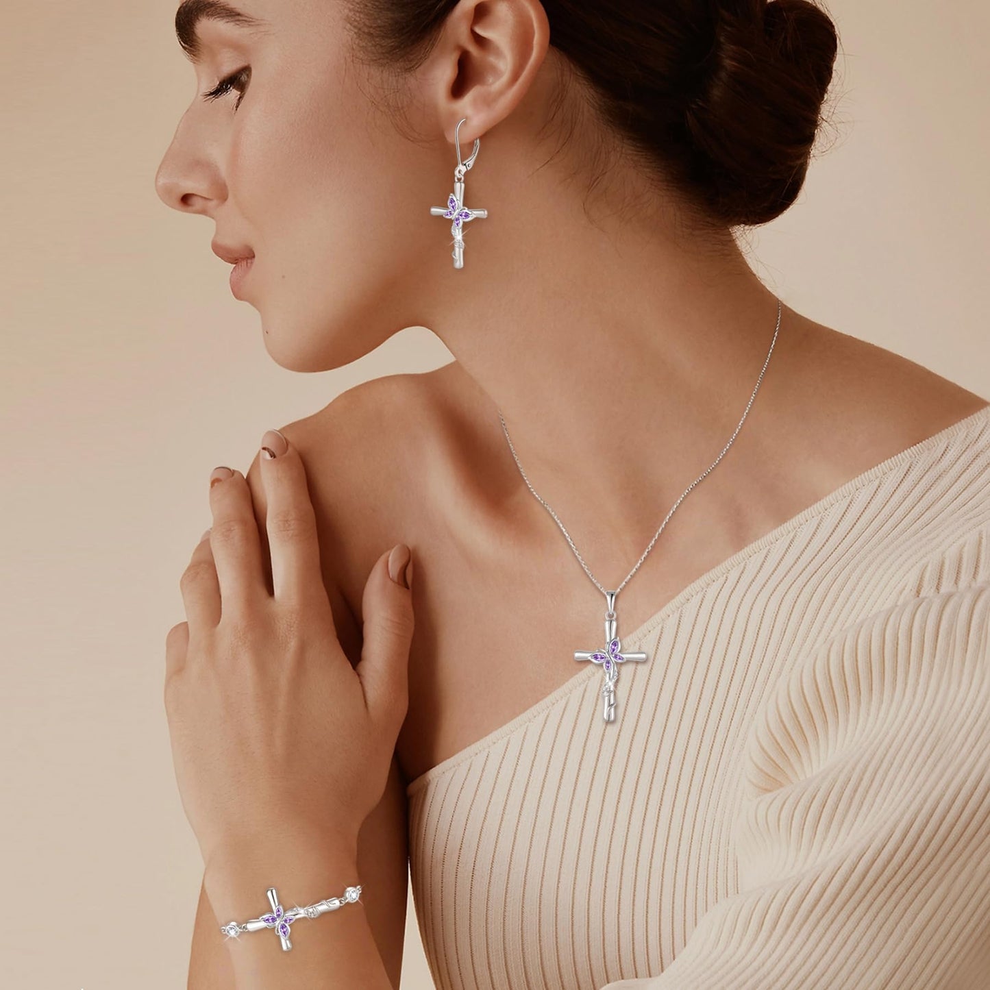 Blaniy Cross Necklace for Women 925 Sterling Silver Butterfly Necklace Amethyst Pendant Necklaces February Birthstone Jewelry Gifts for Women