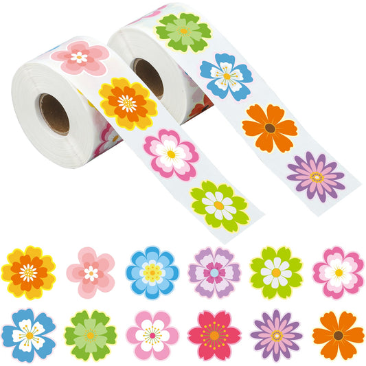 1200 Pcs Spring Summer Flower Stickers Roll 1.5 Inch Colorful Floral Self-Adhesive Decals 12 Styles Flowers Theme Label Sticker for School Classroom Kids Teacher Reward Envelope Gift Card Party Decor