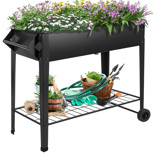 AURORAKI 32" Rolling Raised Garden Bed with Wheels, Heavy Duty Metal Elevated Planter Box, Outdoor Flower Cart Plant Stand, Raised Planter with Storage Shelf for Patio Balcony Backyard Growing