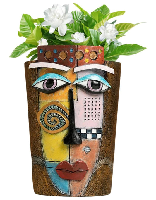 Yhupl Picasso Abstract Face Flower Pot,Plant Pot with Facial Expressions,Handmade Resin Plant Pot with Drainage Holes,for Indoor and Outdoor Botanical Home décor (Brown Small)