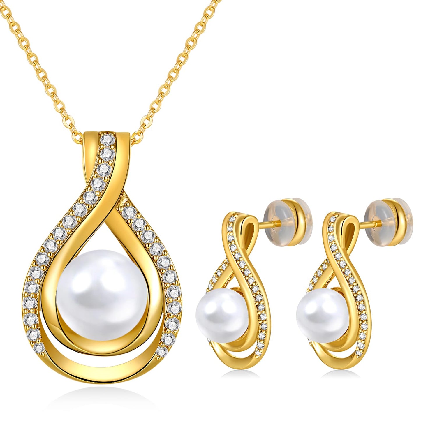 LOIPURI Infinity White Pearl Necklace and Earrings Set for Women Gifts for Mom Birthday Mothers Day AAA+Handpicked Pearl 14K Gold Plated Adjustable Jewelry