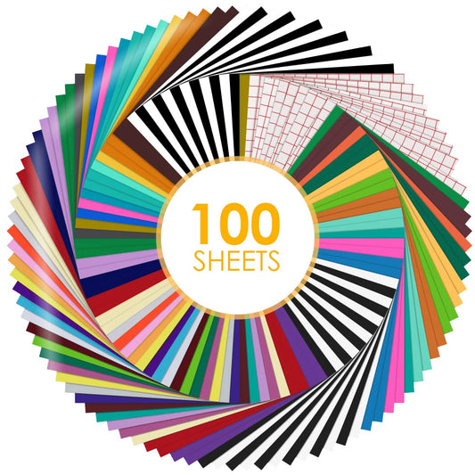 HTVRONT Permanent Vinyl for Cutting Machine-100 Pack 12 "x12 Adhesive Vinyl Sheets Set, 90 Sheets Permanent Bundle & 10 Transfer Tape for Projects and Crafting
