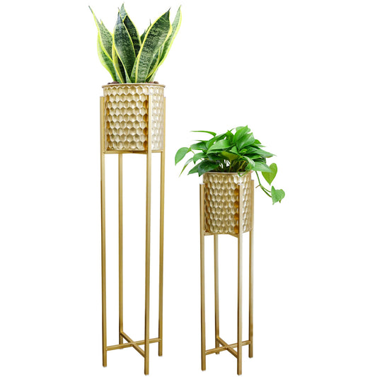 TRIROCKS Set of 2 Planters with Stand Indoor Outdoor Metal Gold Planters for Indoor Plants 30 &40" Tall Morden Planters Flower Pots for Living Room Corner Kitchen Office Garden Balcony Patio Decor