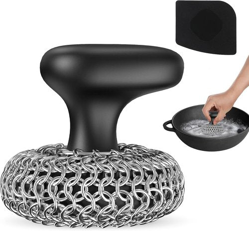 Cast Iron Scrubber - 316 Chainmail Dish Brush for Effective Skillet Cleaning | Dishwasher Safe, Black