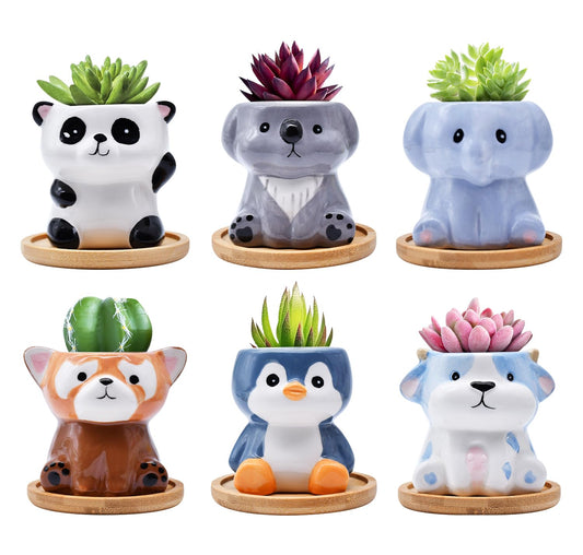6 Pack Animal Ceramic Succulent Pots with Drainage – Mini Cute Planters with Bamboo Trays for Indoor Plants & Cactus, Adorable Animal Pots for Desk, Office, Home Decor, Gift for Kids & Plant Lovers