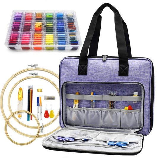 ATTERET Full Range Embroidery and Cross Stitch Starter Kit with Premium Storage Organizer Bag, Includes 99 DMC Coded Cotton Threads, 9 Metallic Floss, 3 Hoops, Needles, Scissors + More (Purple)
