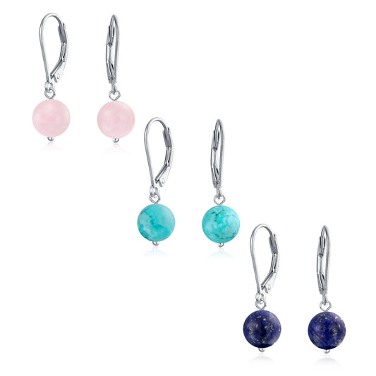 Bling Jewelry Timeless .925 Sterling Silver Pink Rose Quartz, Turquoise Navy Blue Lapis Bead 8mm Ball Drop Earrings Secure Lever Back Genuine Gemstone (Set of 3)