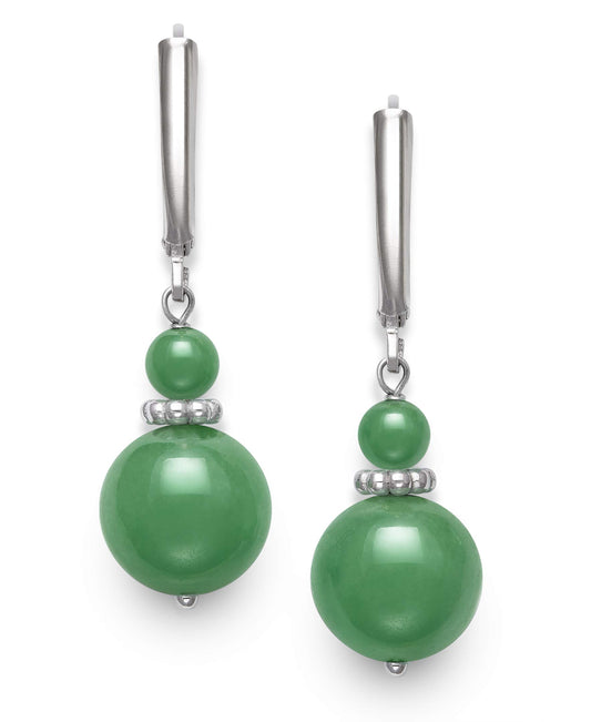 Belacqua Sterling Silver Natural Round Green Jade Gemstone Beaded Dangle Drop Earrings for Women, Length : 1.5 Inches, Leverback, Gift Box Included