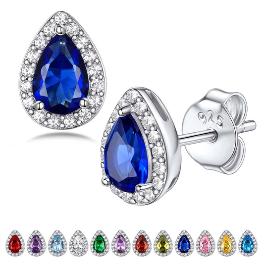 Bestyle Adorable September Sapphire Birthstone Stud Earrings 925 Sterling Silver CZ Teardrop Gemstone Studs Earrings Great Birthday Gift for Wife/Mom/Grandma