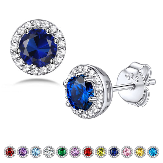 Bestyle Adorable September Sapphire Birthstone Stud Earrings 925 Sterling Silver CZ Round Gemstone Studs Earrings Great Birthday Gift for Wife/Mom/Grandma