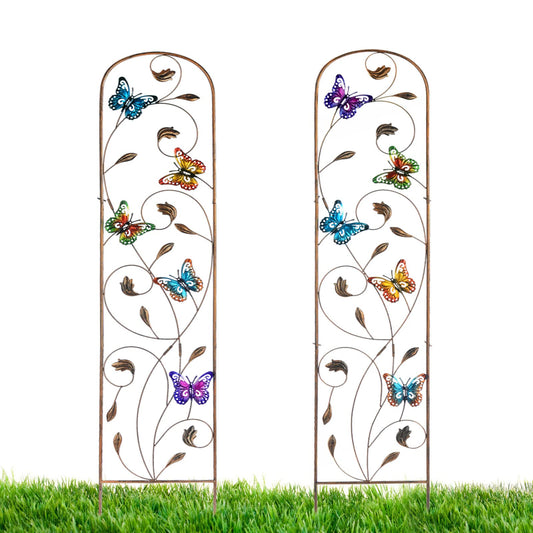2 Pack Metal Garden Trellis with Colorful Butterfly 60 Inch High Outdoor Decoration Arched Fence Trellis for Climbing Plants for Patio, Lawn, Yard, Backyard, Wall Brackets