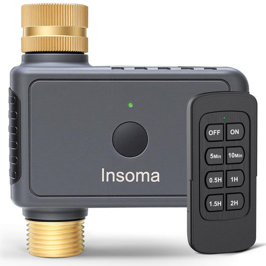Insoma Remote Control Sprinkler Timer with Brass Inlet & Outlet, Garden Hose Timer Turns Water Off Automatically, Up to 120 Minutes of Run Time, for Faucet, Lawn, Drip, Soaker Hose, IP55 Waterproof