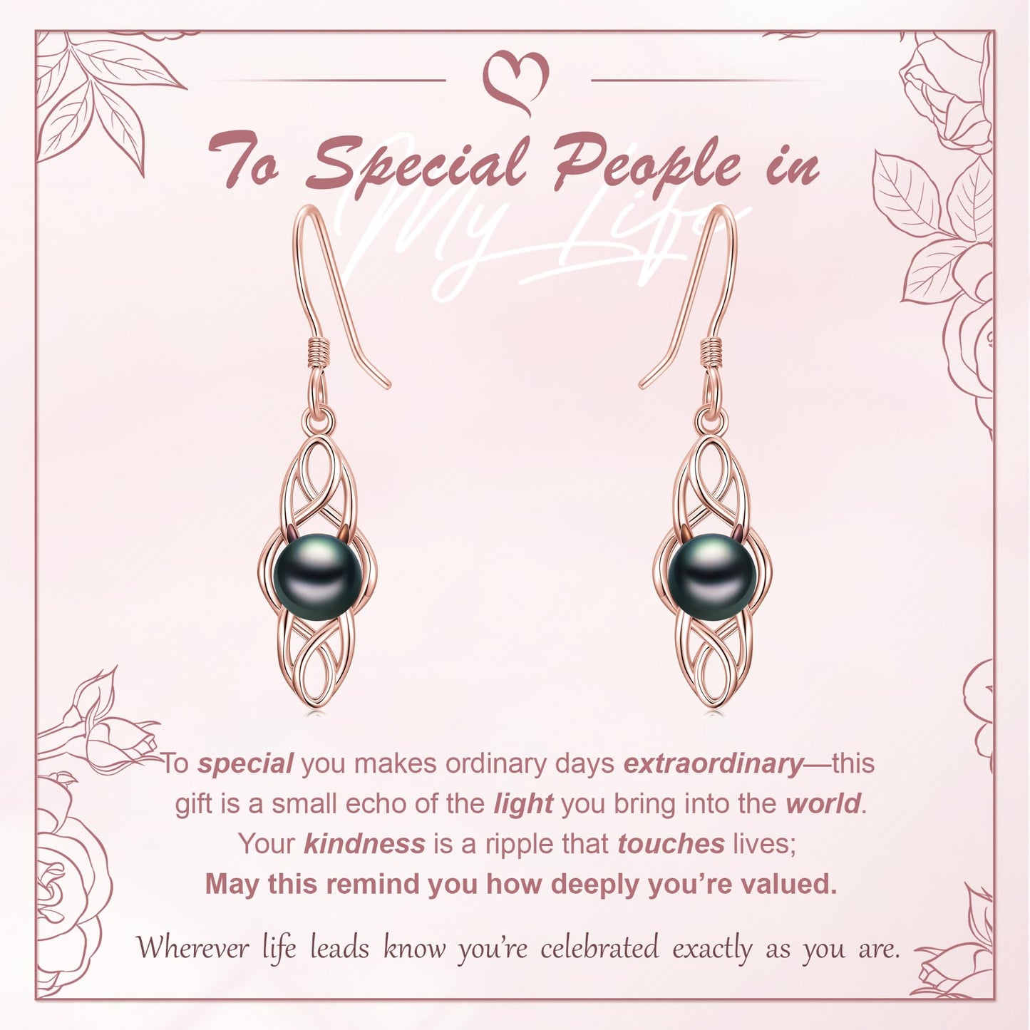 KANNSOAR Tahitian Black Pearl 18K AAAA Rose Gold Plated Sterling Silver Celtic Knot Dangle Drop Earrings for Women Wife Mom Girlfriend Her Jewelry Gift for Anniversary Birthday Christmas