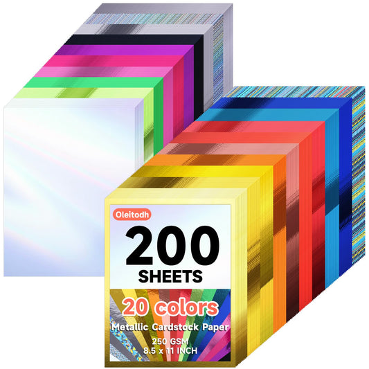 200 Sheets Metallic Mixed Cardstock Paper Bulk 20 Colors,Foil Board Paper 8.5" x 11", Mirror Finish Surface, Assorted Mixed Glitter Paper 250gsm for Crafting Card Making Invitations Decorations