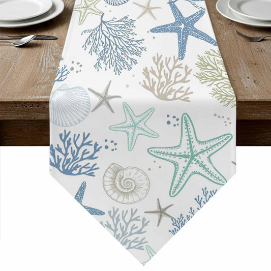 Beach Coastal Table Runner 36 Inches Long, Summer Nautical Dress Scarves, Ocean Starfish Coral Shell Kitchen Dining Table Decorations and Supplies Farmhouse Table Runners for Home Party Small 13"x36"