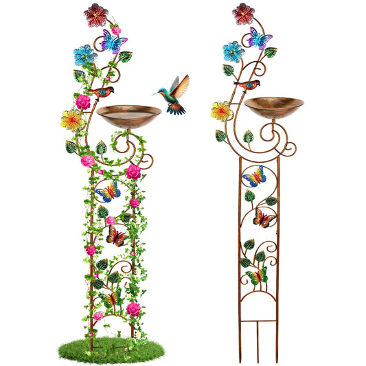 YADOOLIFE 57” Bird Bath with Garden Trellis for Climbing Plants Outdoor, Small Decorative Trellises Metal Birdbath Bird Baths, 1 Piece (Butterfly)
