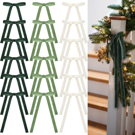 Skiennix 24 Pcs Velvet Bows - Vintage Ribbon Bows for Christmas Tree & Crafts | Dark Green, Beige, Sage Green (9 x 13 Inch)
