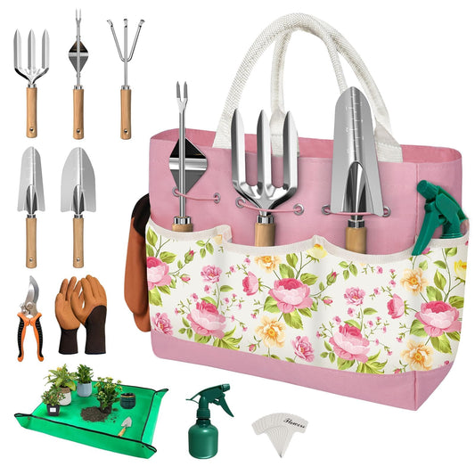 22PCS Garden Tools Set for Women,Birthday Gifts for Mom Wife Grandma,Heavy Duty Hand Tool Kit Gardening Supplies Included Handy Tote Bag/Trowel/Repotting Mat/Rake/Pruner/Gloves/Plant Tags -Pink