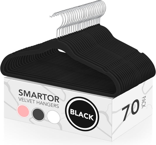 Smartor Velvet Hangers - 70 Pack Black Non-Slip Heavy Duty Felt Hangers | Premium Slim Closet Organizer with 360° Rotating Hook