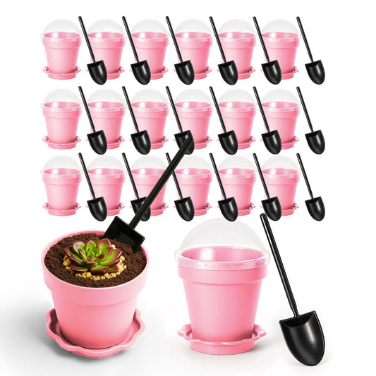 20 Pcs Nursery Pots with Humidity Dome, Cupcake Plant Nursery Pots with Bring A Plate and Shovel, Planting Cups for Seeds for Indoor Gardening and Plant Propagation(Pink)