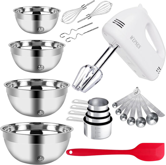 Skiennix 5-Speed Electric Hand Mixer - Includes 4 Large Mixing Bowls & Stainless Steel Whisks | Perfect for Baking