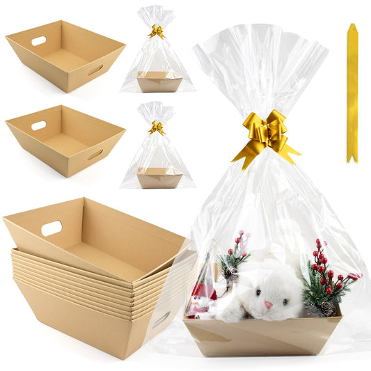 10PACK Empty Gift Basket Set, 11.8x9.8” Thick Kraft Market Tray Gift Basket with 10 Bows 10 Bags Empty Gift Baskets for Christmas Thanksgiving Valentine Easter Wedding Birthday Party Gift Wrapping (Kraft)